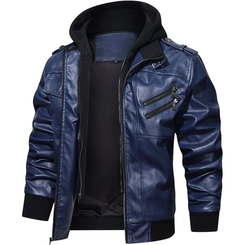 Men's PU Faux Leather Stand Collar Zip-Up Bomber Jacket for a Casual Motorcycle Look