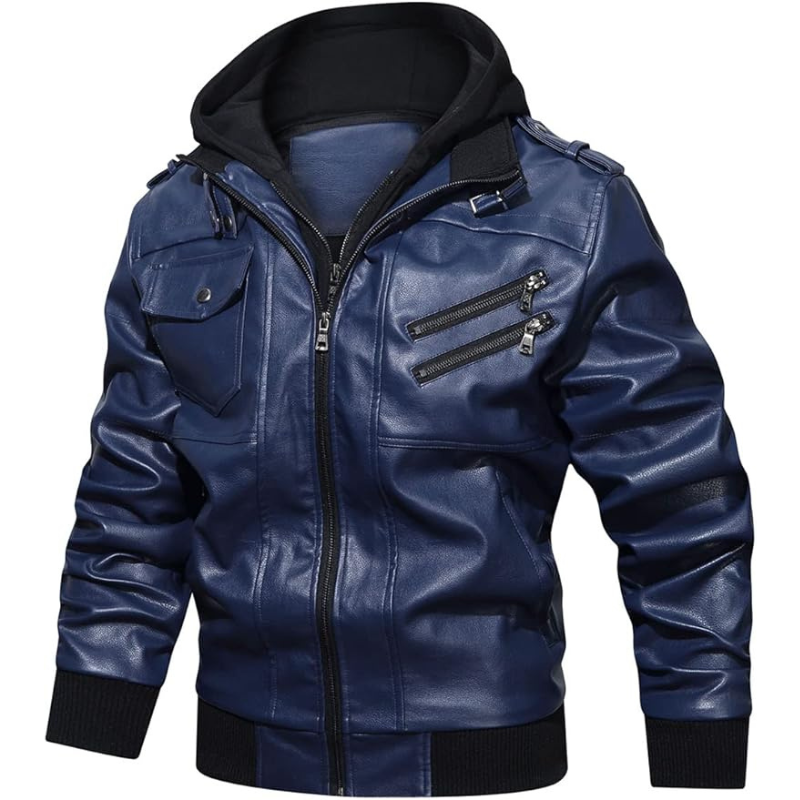 Men's PU Faux Leather Stand Collar Zip-Up Bomber Jacket for a Casual Motorcycle Look