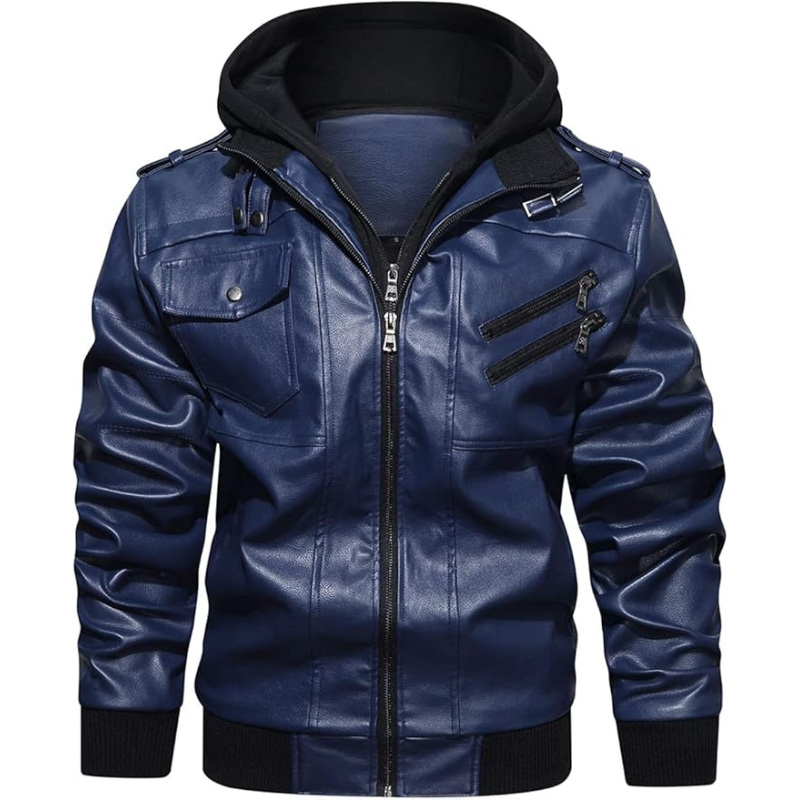 Men's PU Faux Leather Stand Collar Zip-Up Bomber Jacket for a Casual Motorcycle Look